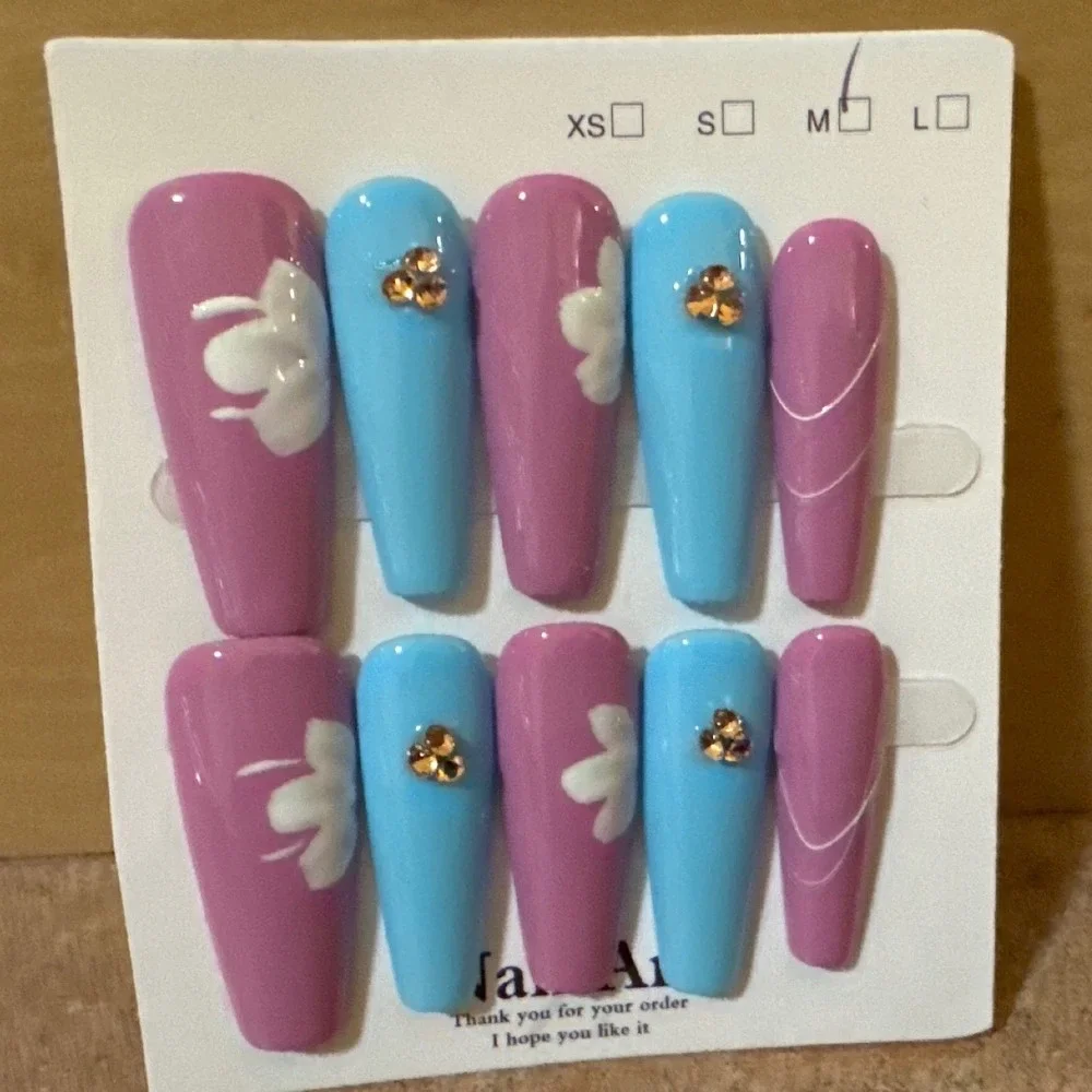 Pink and Blue Floral Press On Nails Long Coffin Rhinestone Accent‎ Size Medium